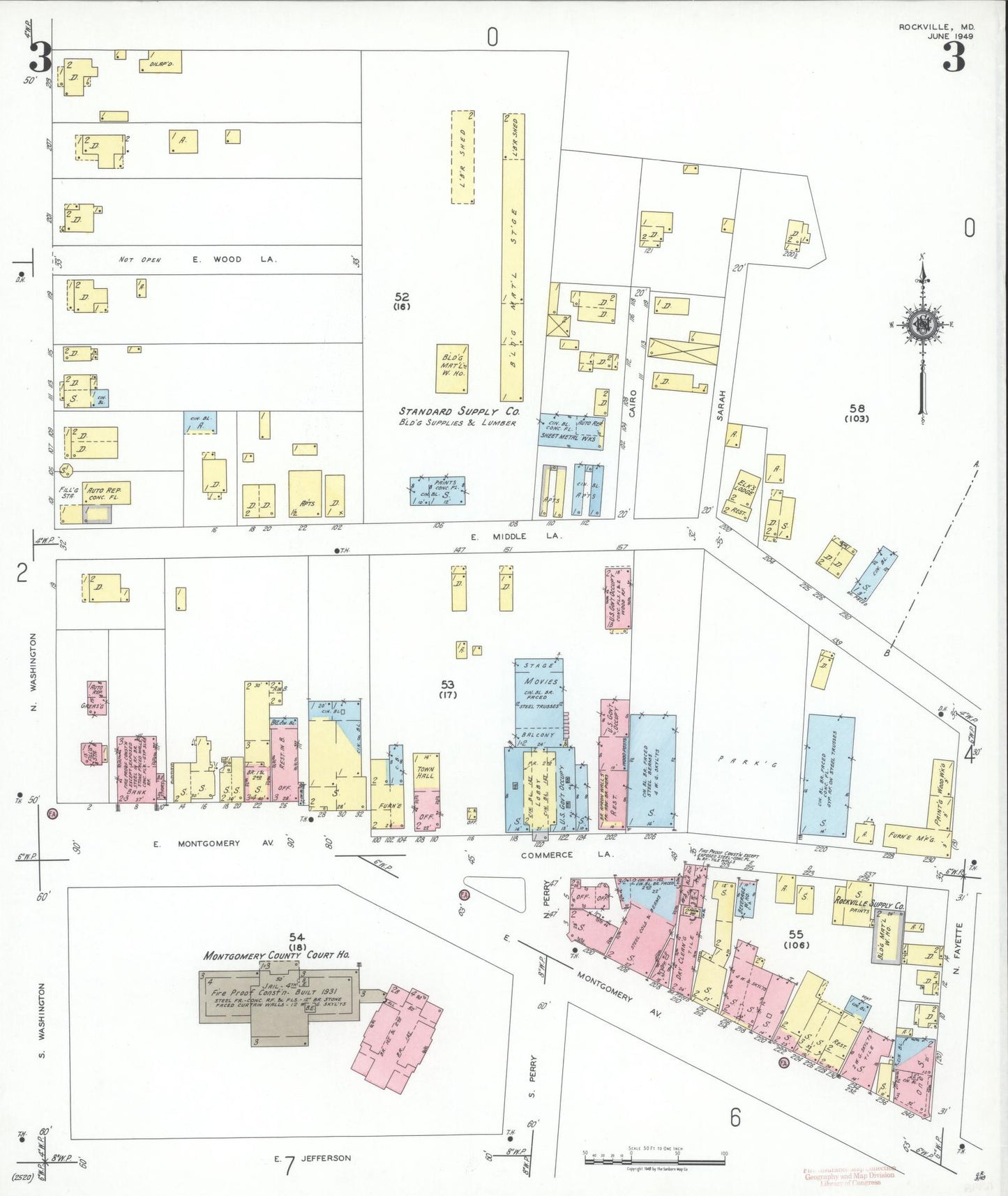 Sanborn Fire Insurance Map from Rockville, Montgomery County, Maryland (1949), Sheet #0003 - Historic Sanborn Fire Insurance Map Print, vintage old map wall art
