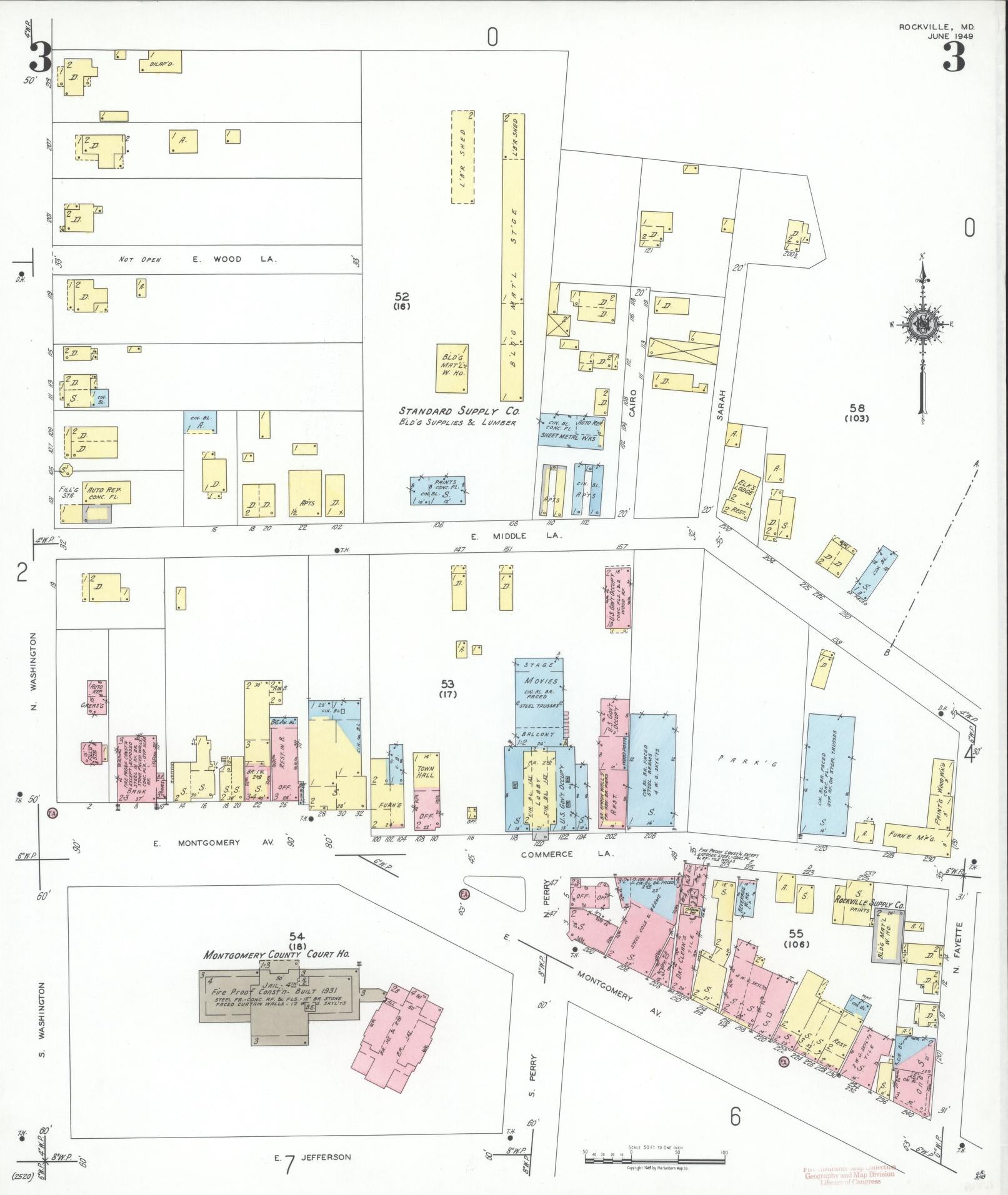 Sanborn Fire Insurance Map from Rockville, Montgomery County, Maryland (1949), Sheet #0003 - Historic Sanborn Fire Insurance Map Print, vintage old map wall art