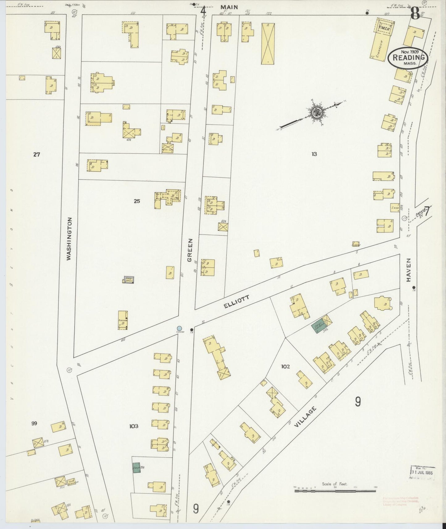 Sanborn Fire Insurance Map from Reading, Middlesex County, Massachusetts (1909), Sheet #0008 - Complete Map Set gallery image, historic Sanborn map, vintage wall art, Massachusetts Massachusetts