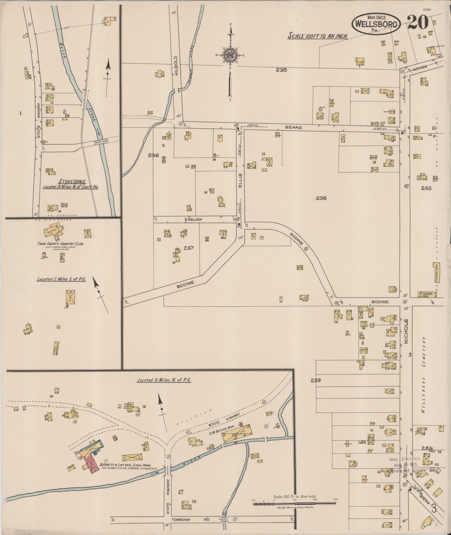 Sanborn Fire Insurance Map from Wellsboro, Tioga County, Pennsylvania (1922), Sheet #0020 - Historic Sanborn Fire Insurance Map Print, vintage old map wall art, antique decor, genealogy gift, Pennsylvania Pennsylvania map