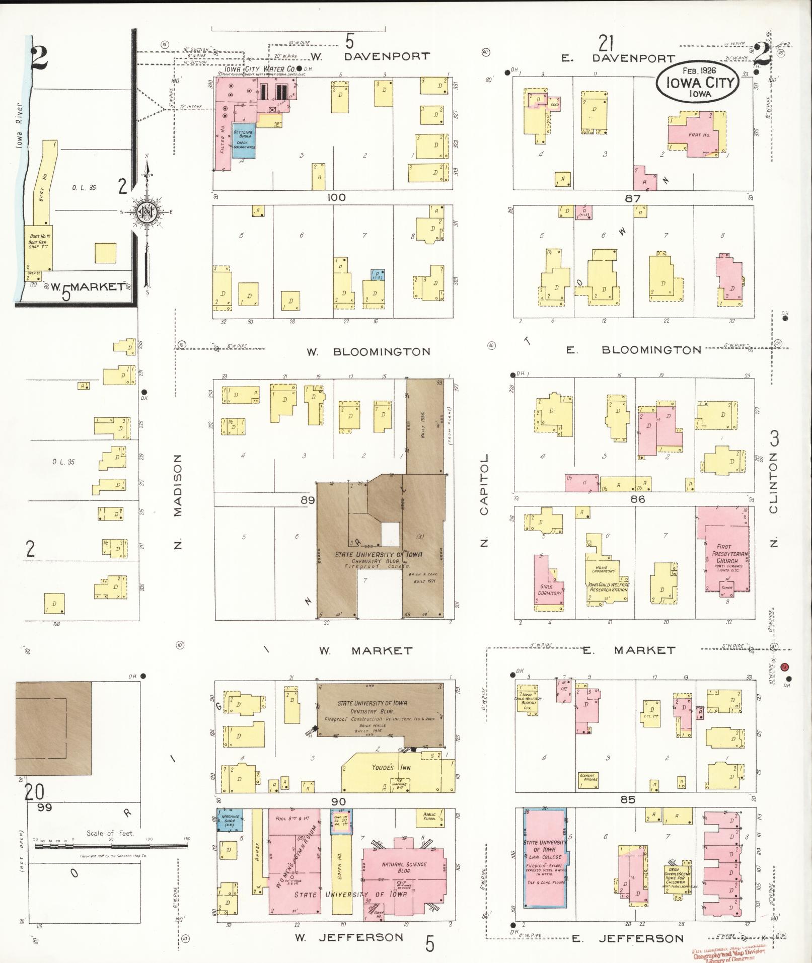 Sanborn Fire Insurance Map from Iowa City, Johnson County, Iowa (1926), Sheet #0002 - Historic Sanborn Fire Insurance Map Print, vintage old map wall art