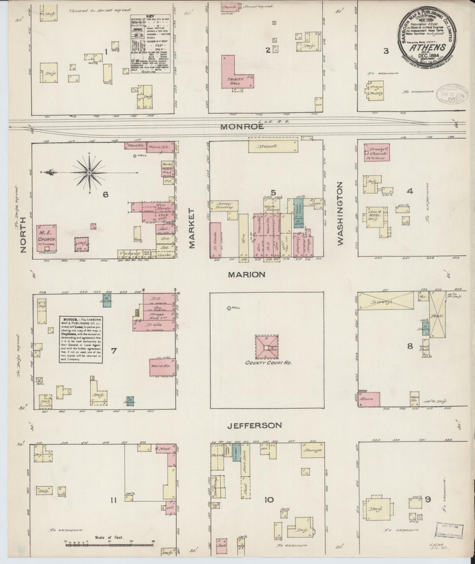 Sanborn Fire Insurance Map from Athens, Limestone County, Alabama (1884), Sheet #0001 - Historic Sanborn Fire Insurance Map Print, vintage old map wall art, antique decor, genealogy gift, Alabama Alabama map