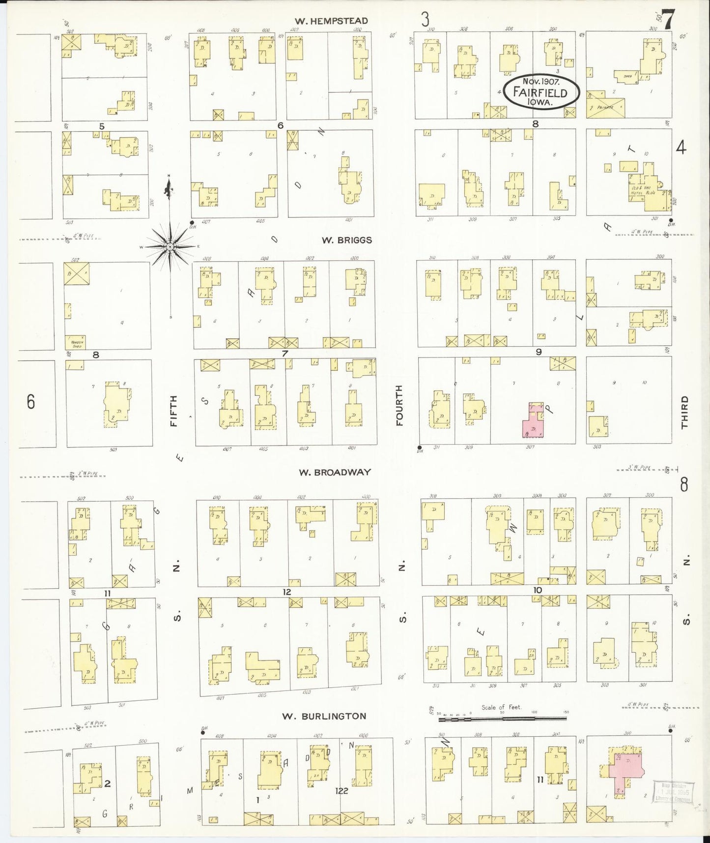Sanborn Fire Insurance Map from Fairfield, Jefferson County, Iowa (1907), Sheet #0007 - Historic Sanborn Fire Insurance Map Print, vintage old map wall art