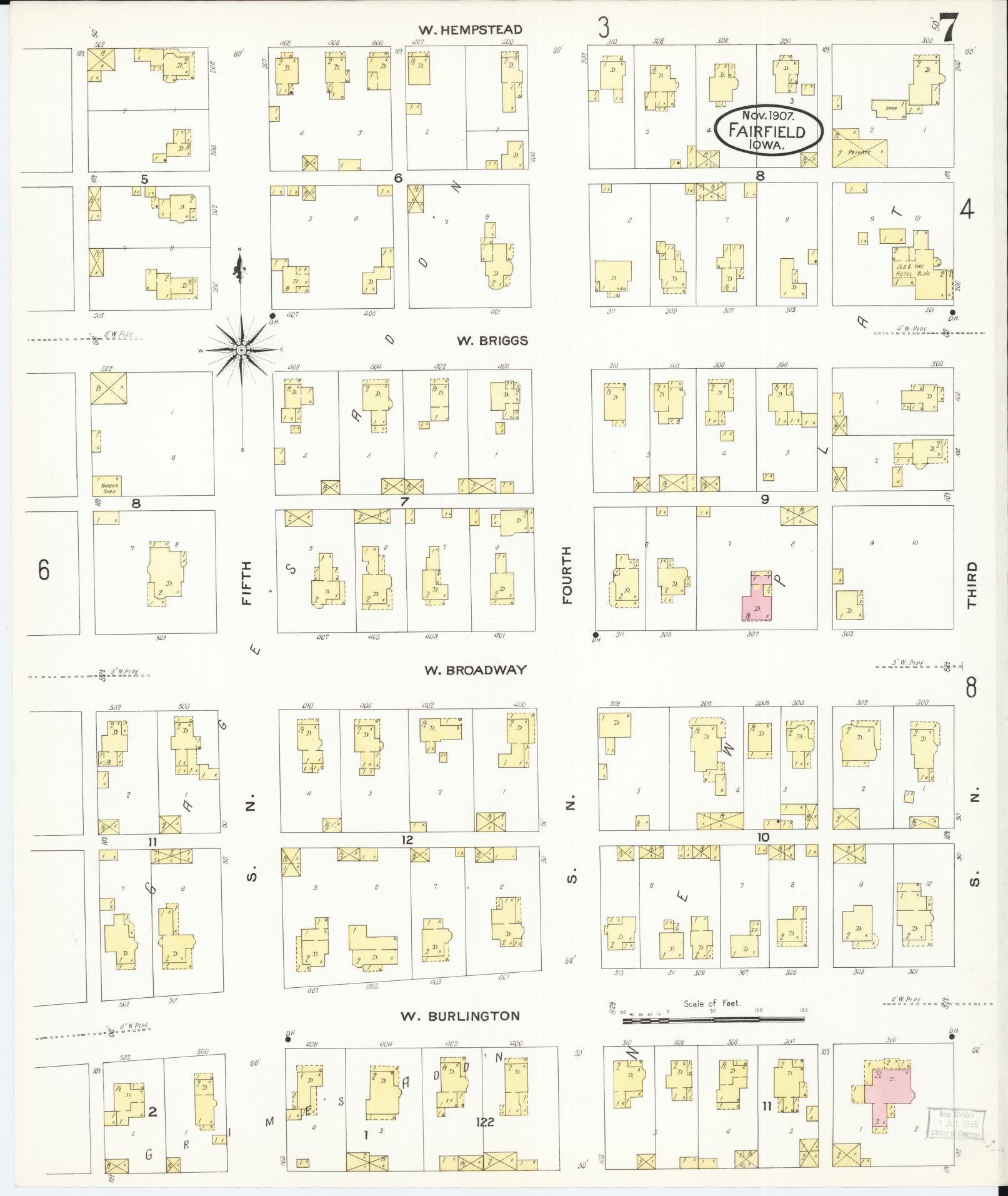 Sanborn Fire Insurance Map from Fairfield, Jefferson County, Iowa (1907), Sheet #0007 - Historic Sanborn Fire Insurance Map Print, vintage old map wall art