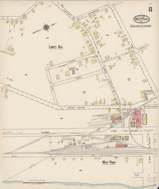 Sanborn Fire Insurance Map from West Point, Troup County, Georgia (1922), Sheet #0008 - Historic Sanborn Fire Insurance Map Print, vintage old map wall art, antique decor, genealogy gift, Alabama Alabama map