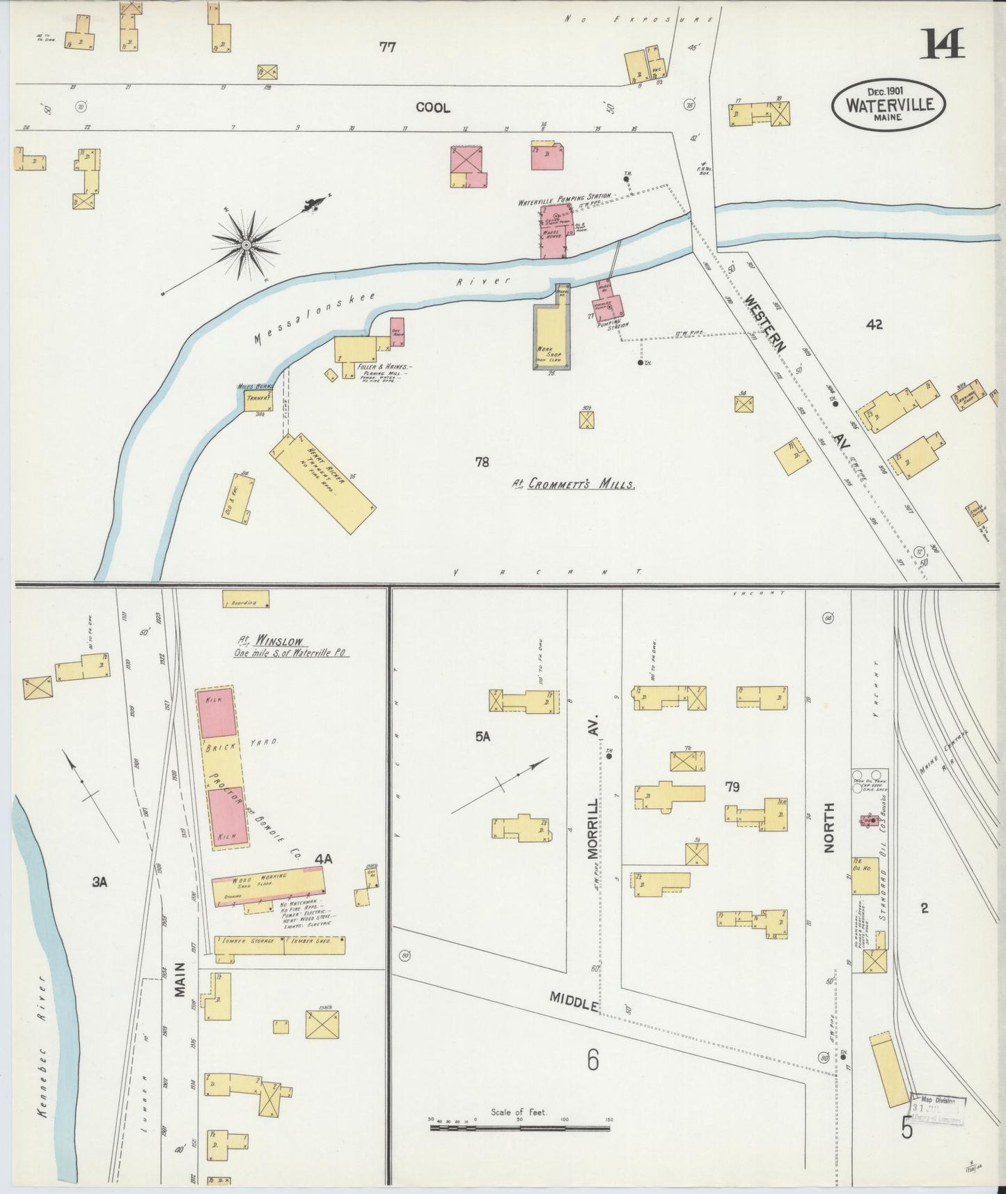 Sanborn Fire Insurance Map from Waterville, Kennebec County, Maine (1901), Sheet #0014 - Historic Sanborn Fire Insurance Map Print, vintage old map wall art, antique decor, genealogy gift, Maine Maine map