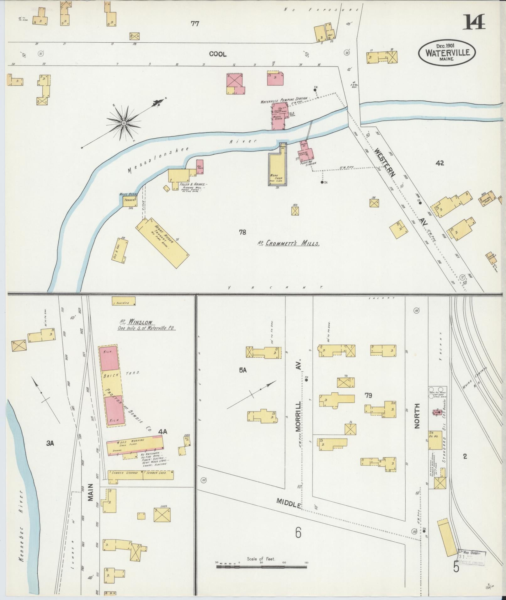 Sanborn Fire Insurance Map from Waterville, Kennebec County, Maine (1901), Sheet #0014 - Historic Sanborn Fire Insurance Map Print, vintage old map wall art, antique decor, genealogy gift, Maine Maine map
