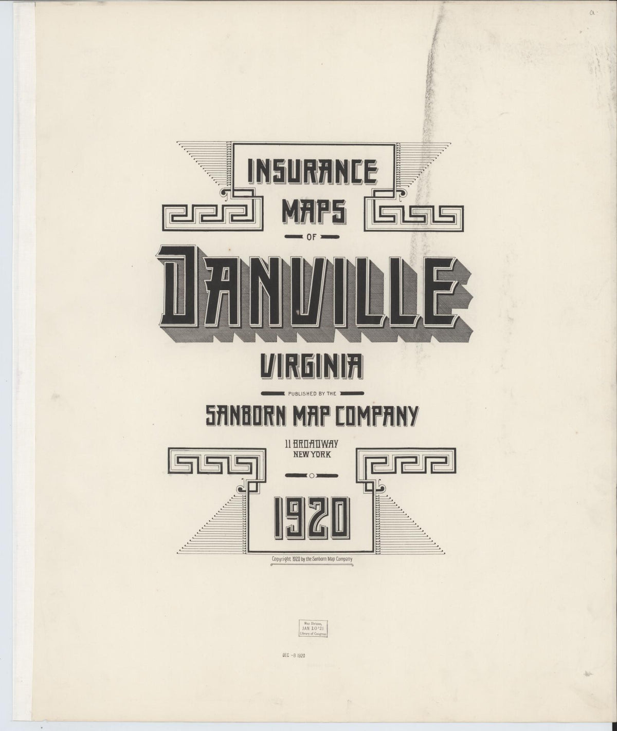 Sanborn Fire Insurance Map from Danville, Independent Cities, Virginia (1920), Sheet #0001 - Historic Sanborn Fire Insurance Map Print, vintage old map wall art, antique decor, genealogy gift, Virginia Virginia map