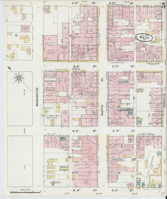 Sanborn Fire Insurance Map from Waco, McLennan County, Texas (1889), Sheet #0005 - Historic Sanborn Fire Insurance Map Print, vintage old map wall art, antique decor, genealogy gift, Texas Texas map