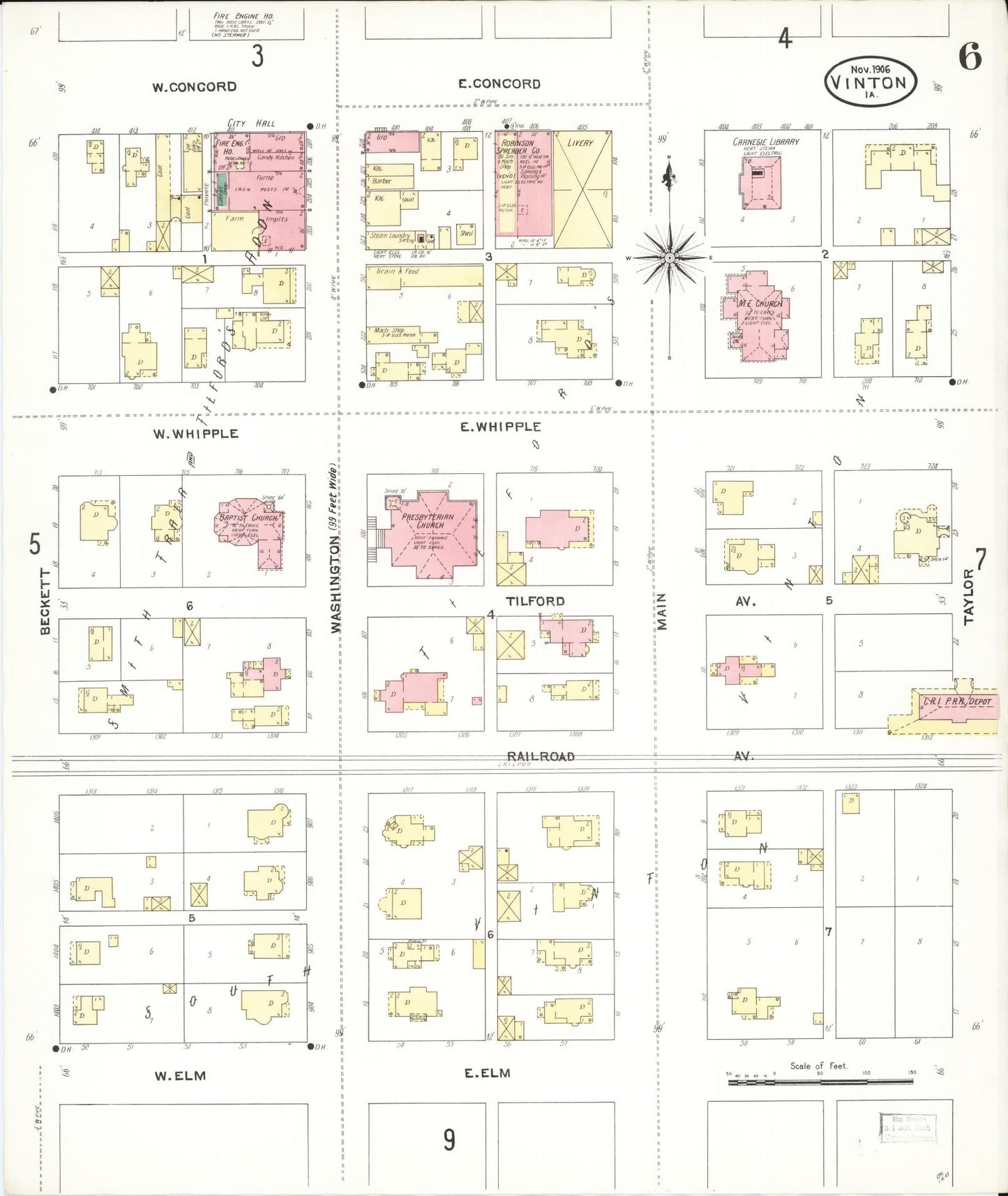 Sanborn Fire Insurance Map from Vinton, Benton County, Iowa (1906), Sheet #0006 - Historic Sanborn Fire Insurance Map Print, vintage old map wall art