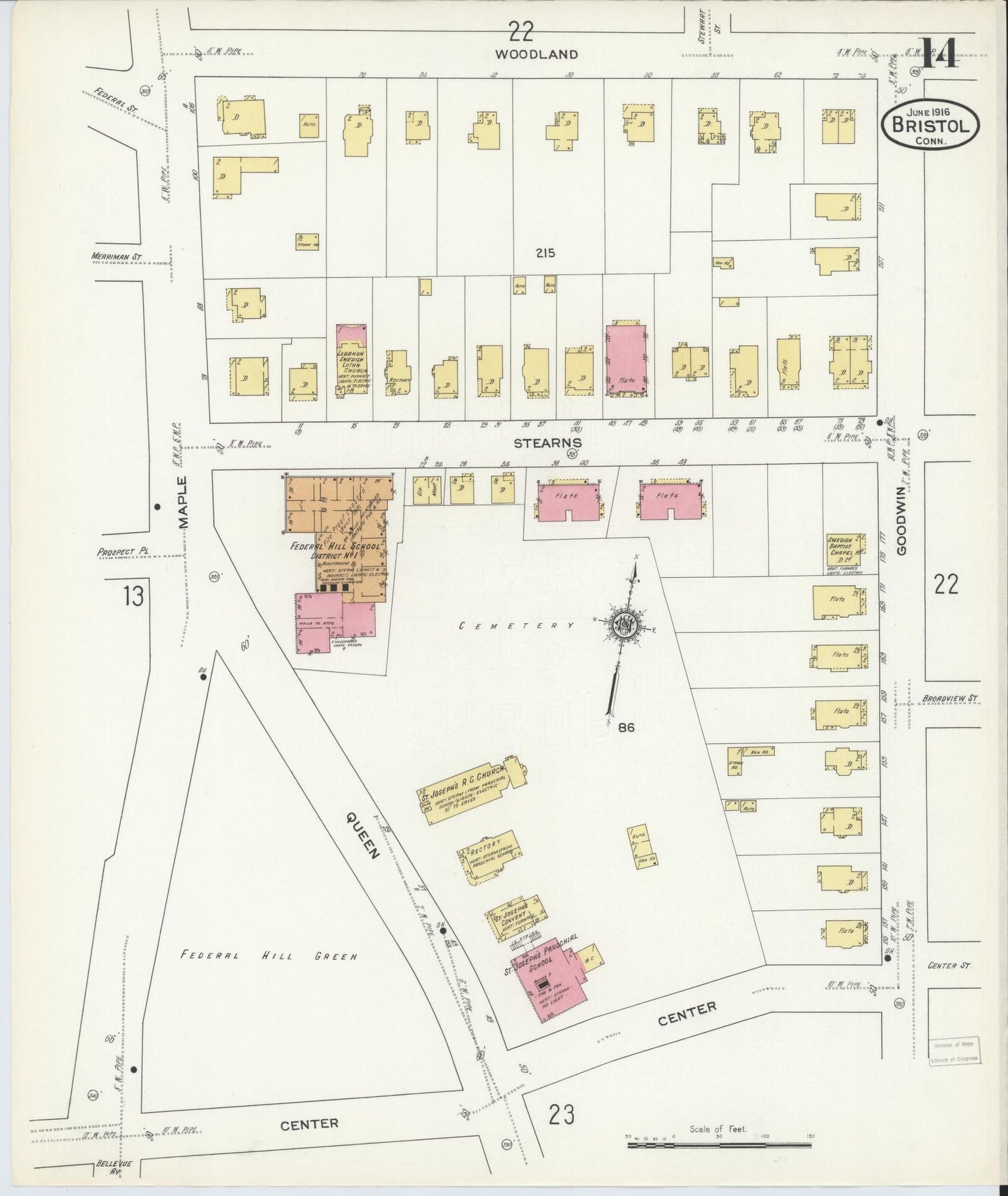 Sanborn Fire Insurance Map from Bristol, Hartford County, Connecticut (1916), Sheet #0014 - Historic Sanborn Fire Insurance Map Print, vintage old map wall art, antique decor, genealogy gift, Connecticut Connecticut map
