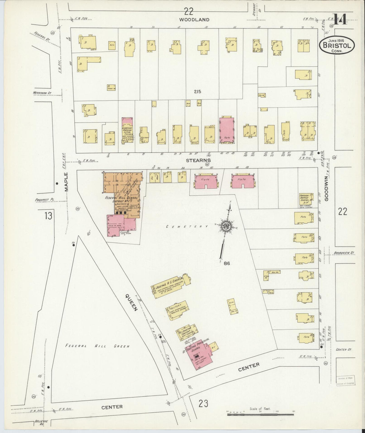 Sanborn Fire Insurance Map from Bristol, Hartford County, Connecticut (1916), Sheet #0014 - Historic Sanborn Fire Insurance Map Print, vintage old map wall art, antique decor, genealogy gift, Connecticut Connecticut map