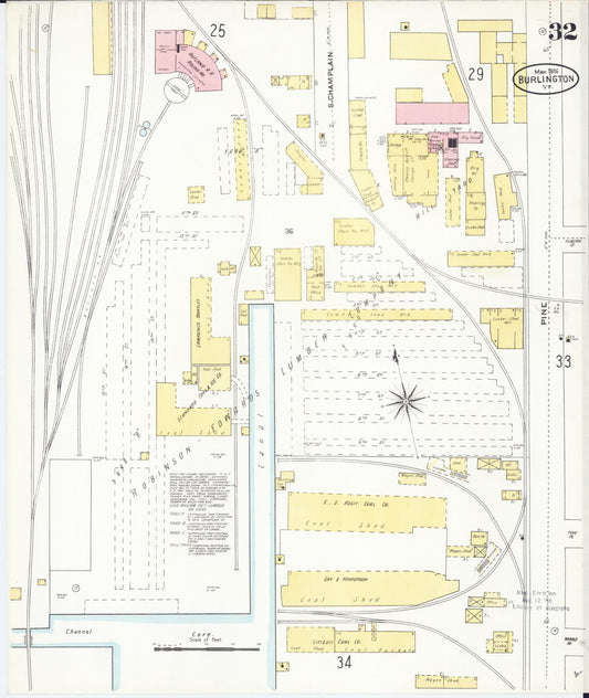 Sanborn Fire Insurance Map from Burlington, Chittenden County, Vermont (1906), Sheet #0032 - Historic Sanborn Fire Insurance Map Print, vintage old map wall art, antique decor, genealogy gift, Vermont Vermont map