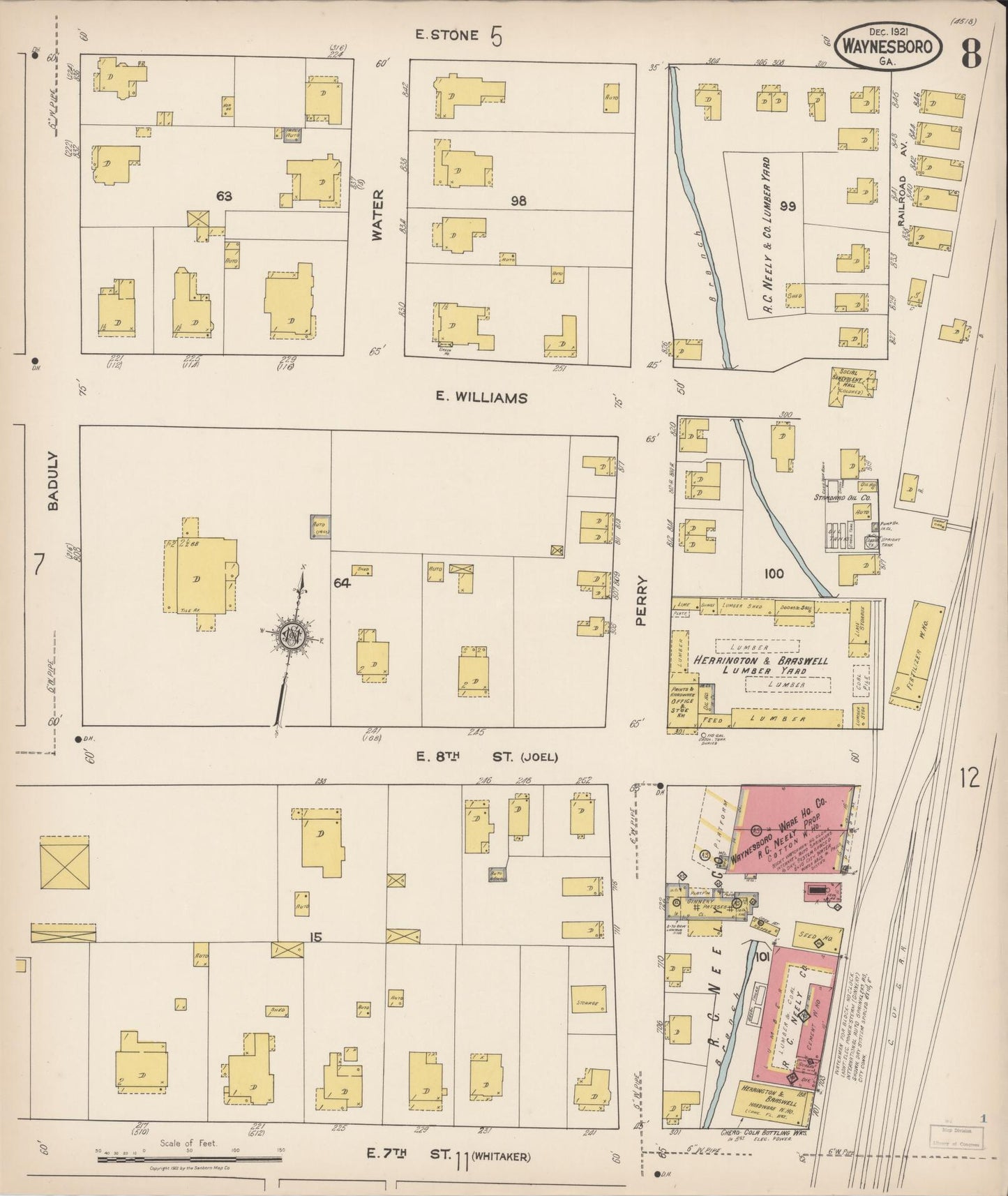 Sanborn Fire Insurance Map from Waynesboro, Burke County, Georgia (1921), Sheet #0008 - Complete Map Set gallery image, historic Sanborn map, vintage wall art, Georgia Georgia