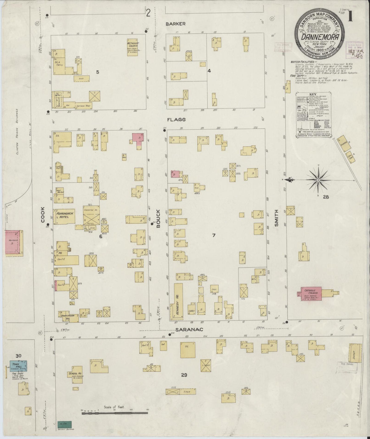 Sanborn Fire Insurance Map from Dannemora, Clinton County, New York (1909), Sheet #0001 - Historic Sanborn Fire Insurance Map Print, vintage old map wall art, antique decor, genealogy gift, New York New York map