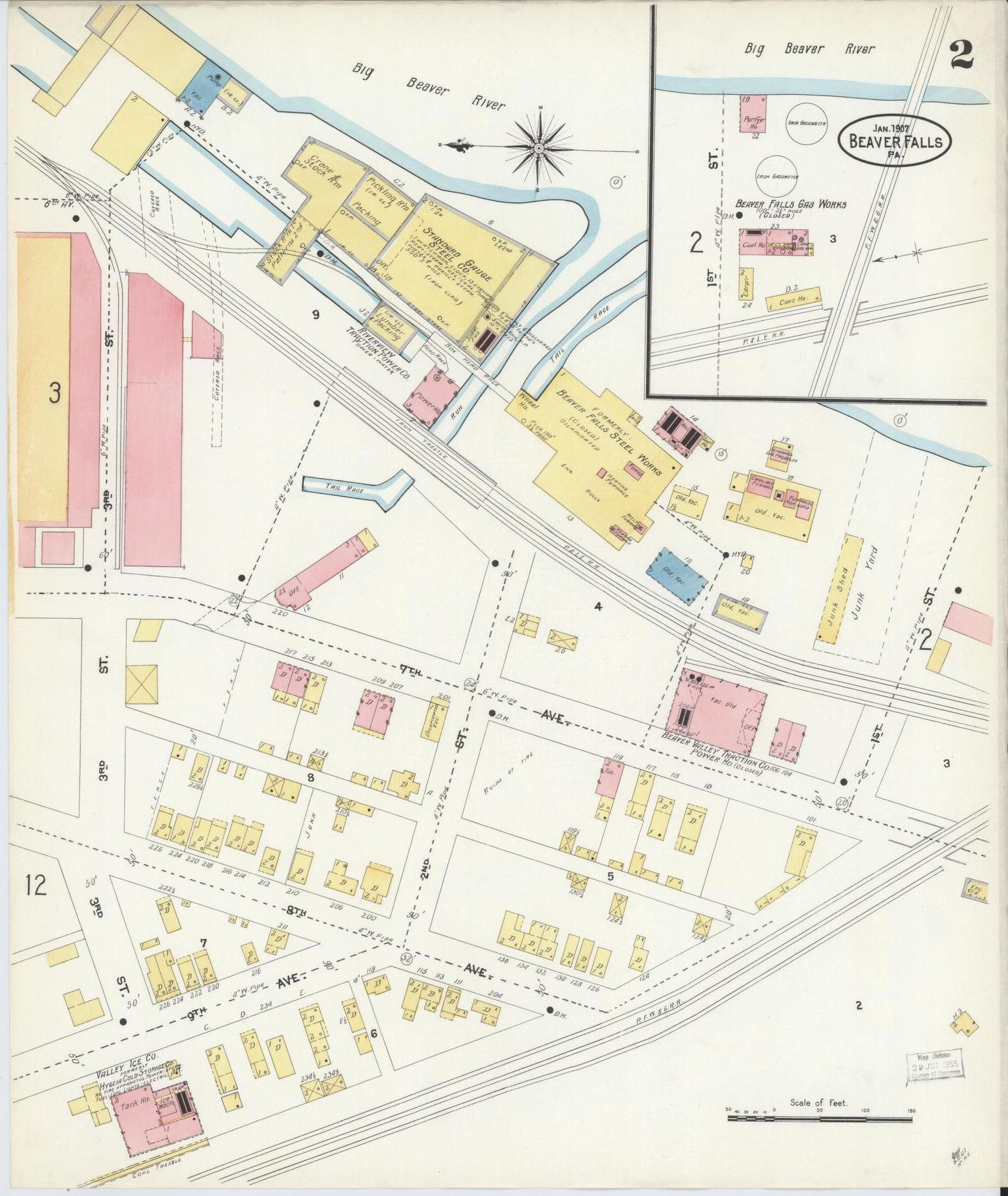 Sanborn Fire Insurance Map from Beaver Falls, Beaver County, Pennsylvania (1907), Sheet #0002 - Historic Sanborn Fire Insurance Map Print, vintage old map wall art, antique decor, genealogy gift, Pennsylvania Pennsylvania map
