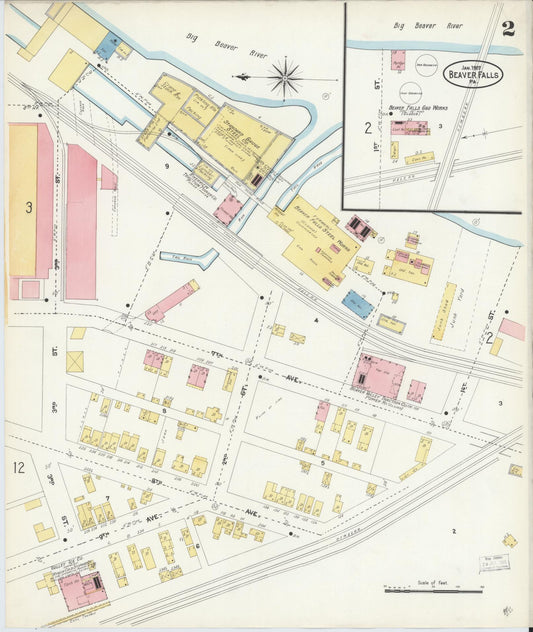 Sanborn Fire Insurance Map from Beaver Falls, Beaver County, Pennsylvania (1907), Sheet #0002 - Historic Sanborn Fire Insurance Map Print, vintage old map wall art, antique decor, genealogy gift, Pennsylvania Pennsylvania map