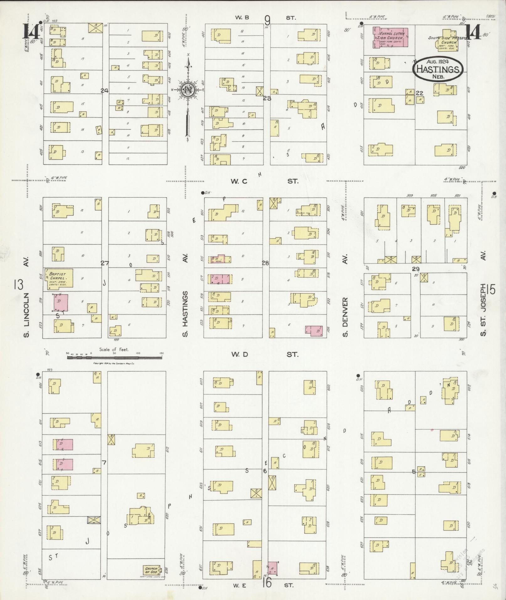 Sanborn Fire Insurance Map from Hastings, Adams County, Nebraska (1924), Sheet #0014 - Historic Sanborn Fire Insurance Map Print, vintage old map wall art, antique decor, genealogy gift, Nebraska Nebraska map