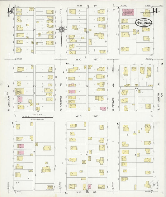 Sanborn Fire Insurance Map from Hastings, Adams County, Nebraska (1924), Sheet #0014 - Historic Sanborn Fire Insurance Map Print, vintage old map wall art, antique decor, genealogy gift, Nebraska Nebraska map
