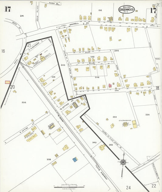 Sanborn Fire Insurance Map from Greenwood, Greenwood County, South Carolina (1923), Sheet #0017 - Historic Sanborn Fire Insurance Map Print, vintage old map wall art, antique decor, genealogy gift, South Carolina South Carolina map