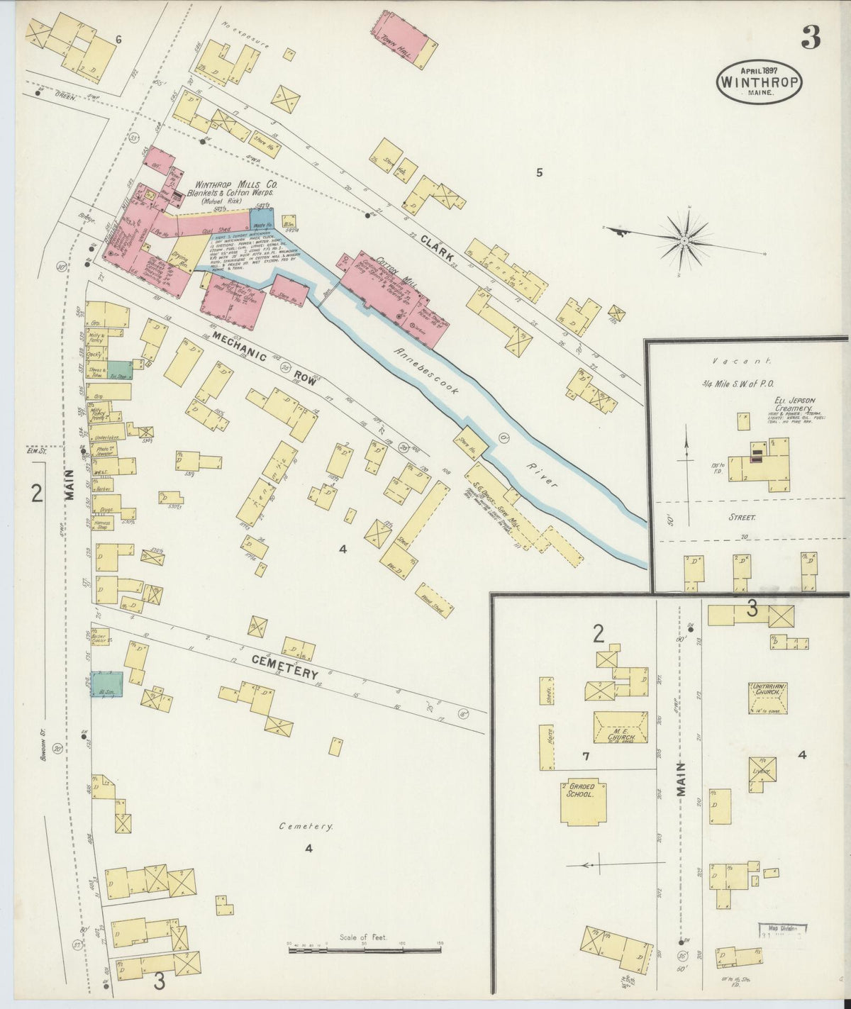 Sanborn Fire Insurance Map from Winthrop, Kennebec County, Maine (1897), Sheet #0003 - Historic Sanborn Fire Insurance Map Print, vintage old map wall art, antique decor, genealogy gift, Maine Maine map