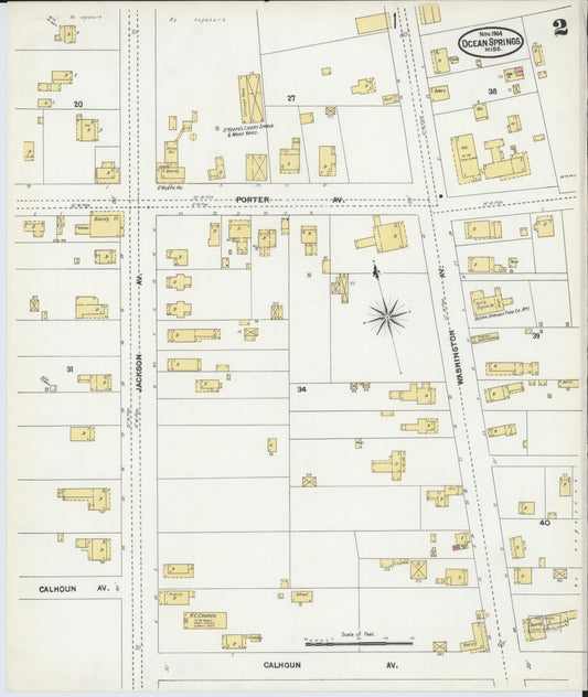 Sanborn Fire Insurance Map from Ocean Springs, Jackson County, Mississippi (1904), Sheet #0002 - Historic Sanborn Fire Insurance Map Print, vintage old map wall art, antique decor, genealogy gift, Mississippi Mississippi map