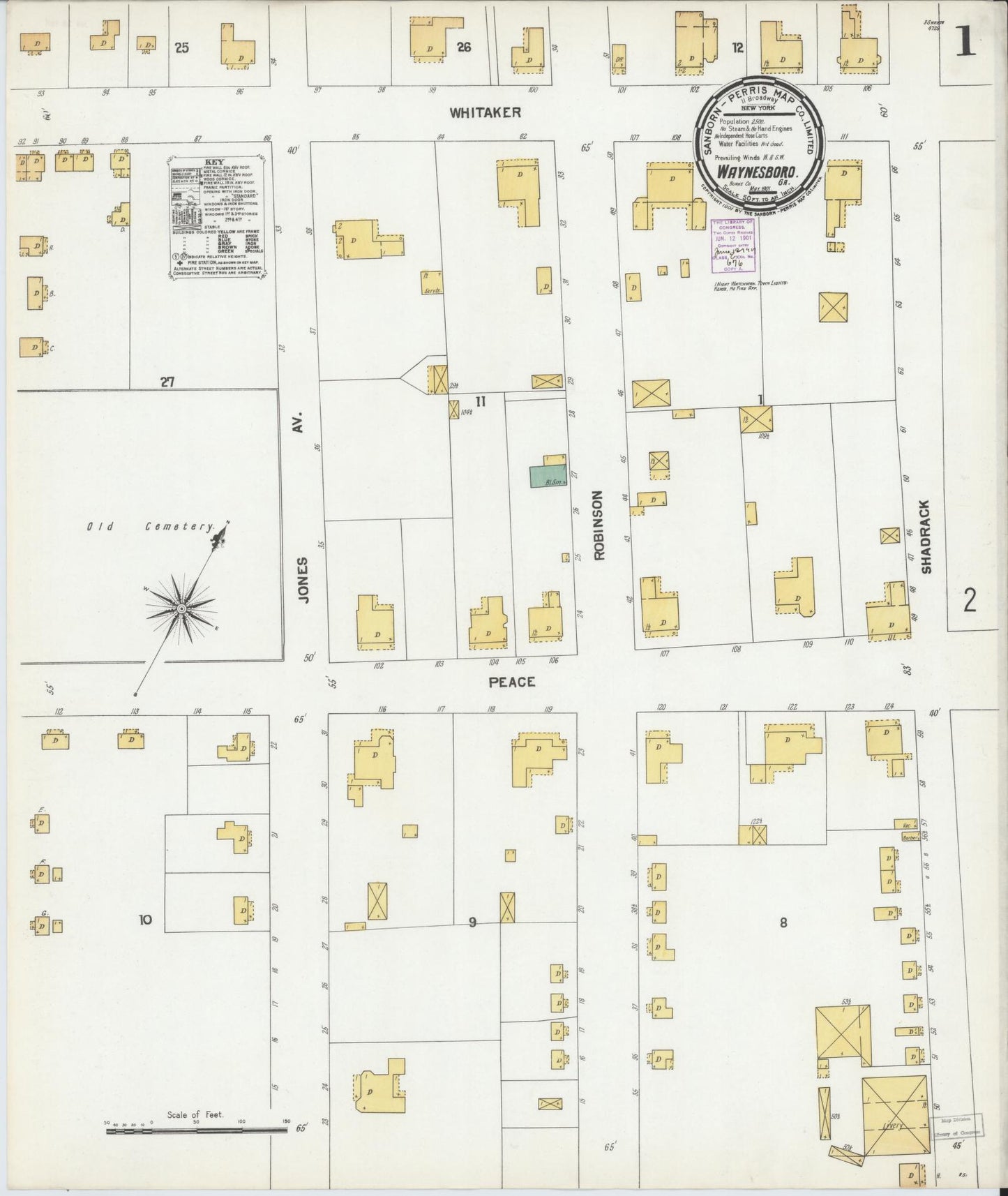 Sanborn Fire Insurance Map from Waynesboro, Burke County, Georgia (1901), Sheet #0001 - Complete Map Set gallery image, historic Sanborn map, vintage wall art, Georgia Georgia