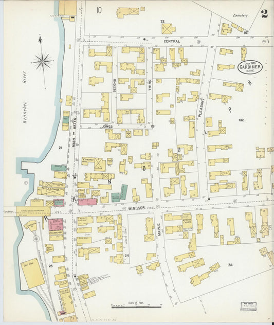 Sanborn Fire Insurance Map from Gardiner, Kennebec County, Maine (1903), Sheet #0002 - Historic Sanborn Fire Insurance Map Print, vintage old map wall art, antique decor, genealogy gift, Maine Maine map