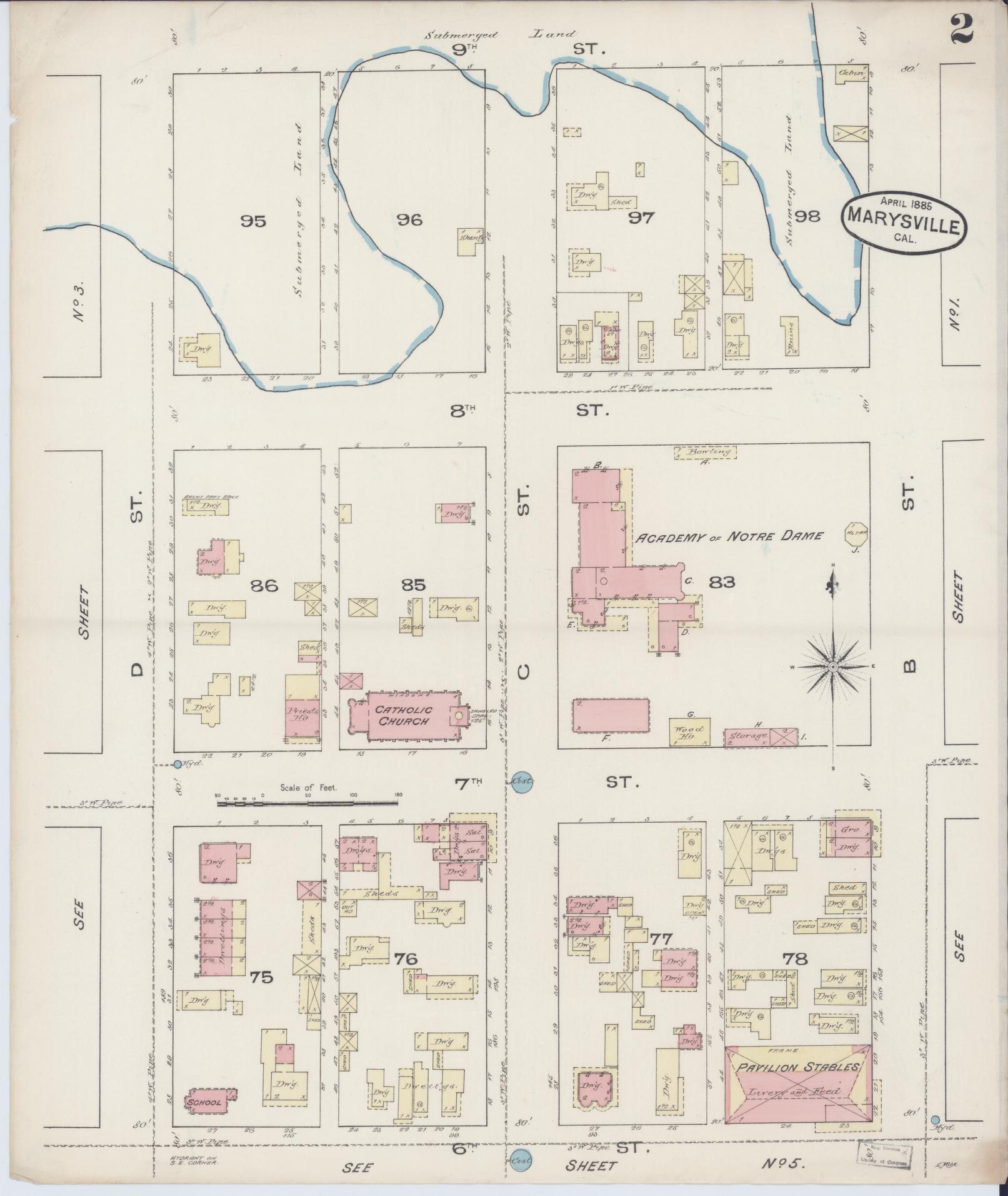 Sanborn Fire Insurance Map from Marysville, Yuba County, California (1885), Sheet #0002 - Historic Sanborn Fire Insurance Map Print, vintage old map wall art, antique decor, genealogy gift, California California map