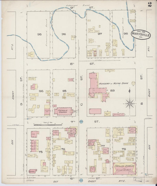 Sanborn Fire Insurance Map from Marysville, Yuba County, California (1885), Sheet #0002 - Historic Sanborn Fire Insurance Map Print, vintage old map wall art, antique decor, genealogy gift, California California map