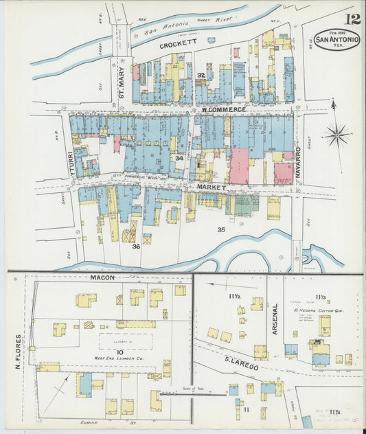 Sanborn Fire Insurance Map from San Antonio, Bexar County, Texas (1892), Sheet #0012 - Historic Sanborn Fire Insurance Map Print, vintage old map wall art, antique decor, genealogy gift, Texas Texas map