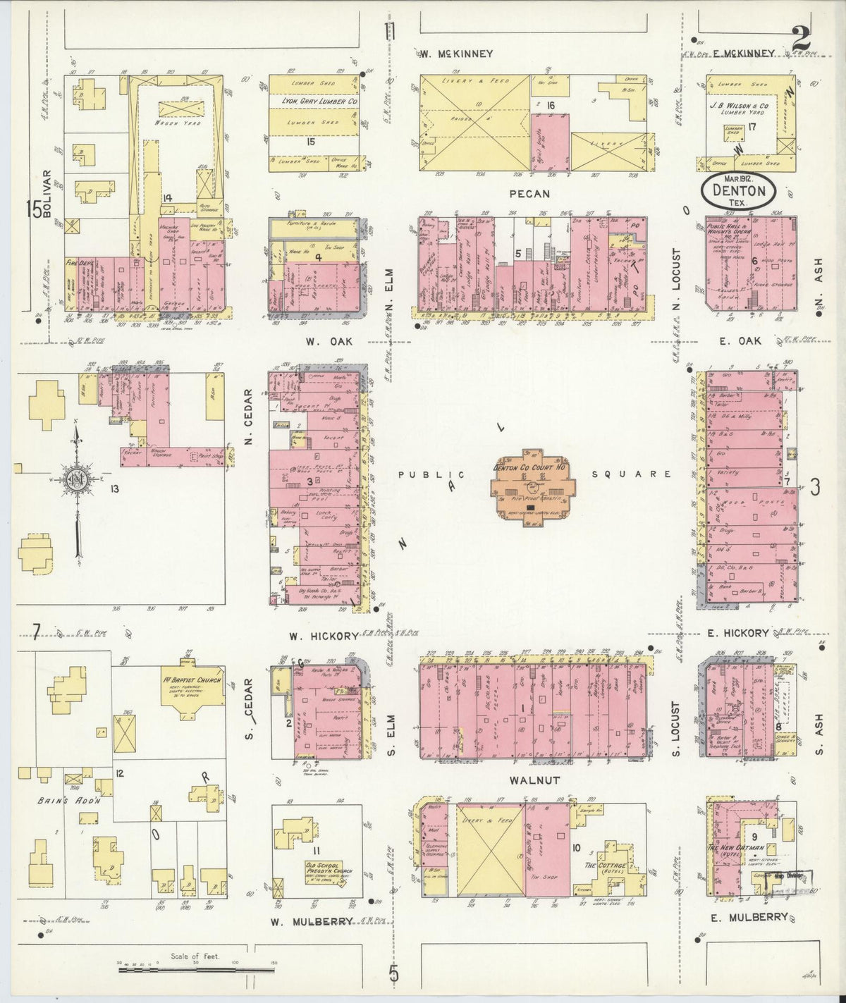 Sanborn Fire Insurance Map from Denton, Denton County, Texas (1912), Sheet #0002 - Historic Sanborn Fire Insurance Map Print, vintage old map wall art, antique decor, genealogy gift, Texas Texas map