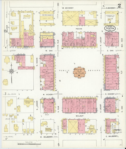 Sanborn Fire Insurance Map from Denton, Denton County, Texas (1912), Sheet #0002 - Historic Sanborn Fire Insurance Map Print, vintage old map wall art, antique decor, genealogy gift, Texas Texas map