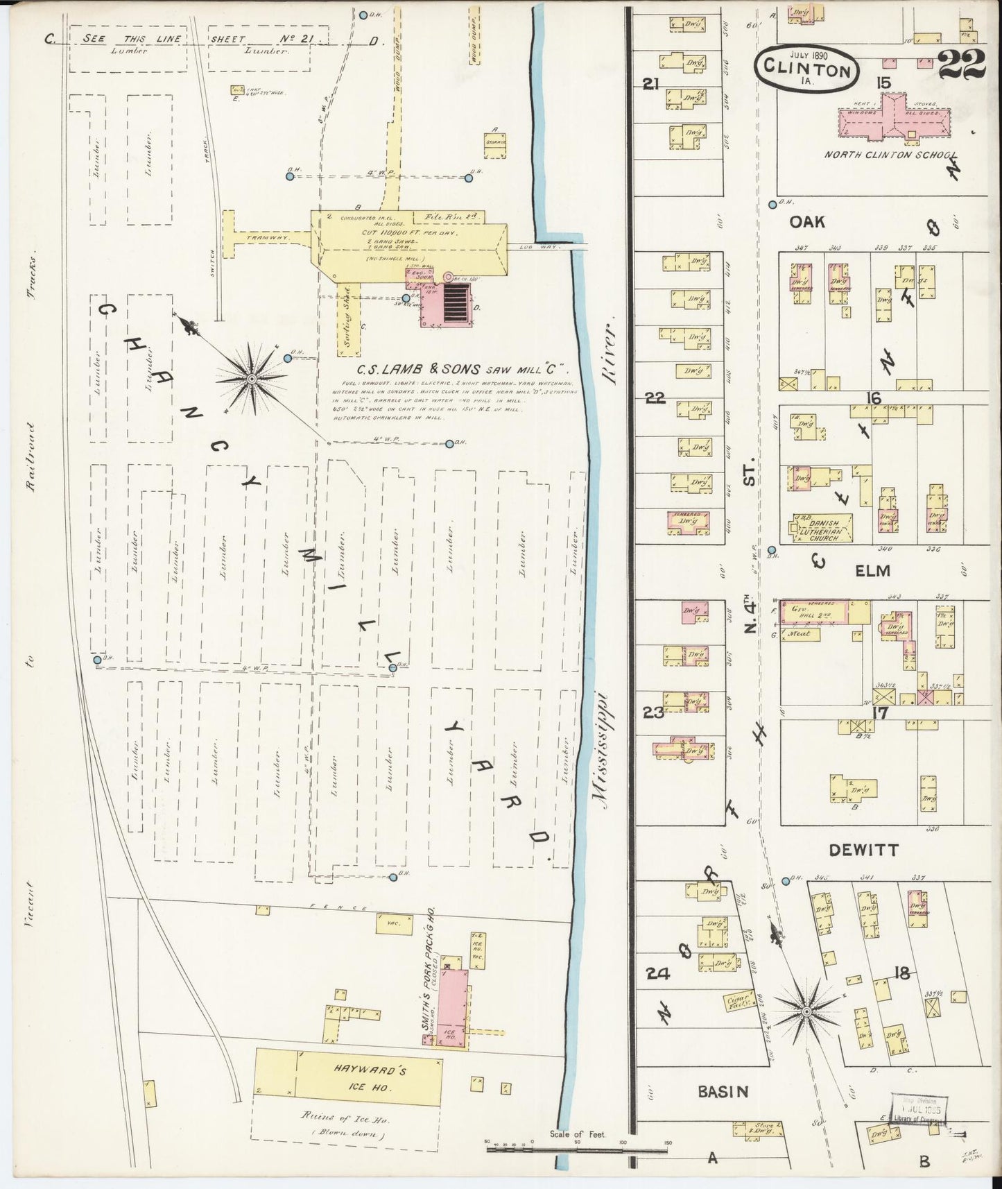 Sanborn Fire Insurance Map from Clinton, Clinton County, Iowa (1890), Sheet #0022 - Historic Sanborn Fire Insurance Map Print, vintage old map wall art