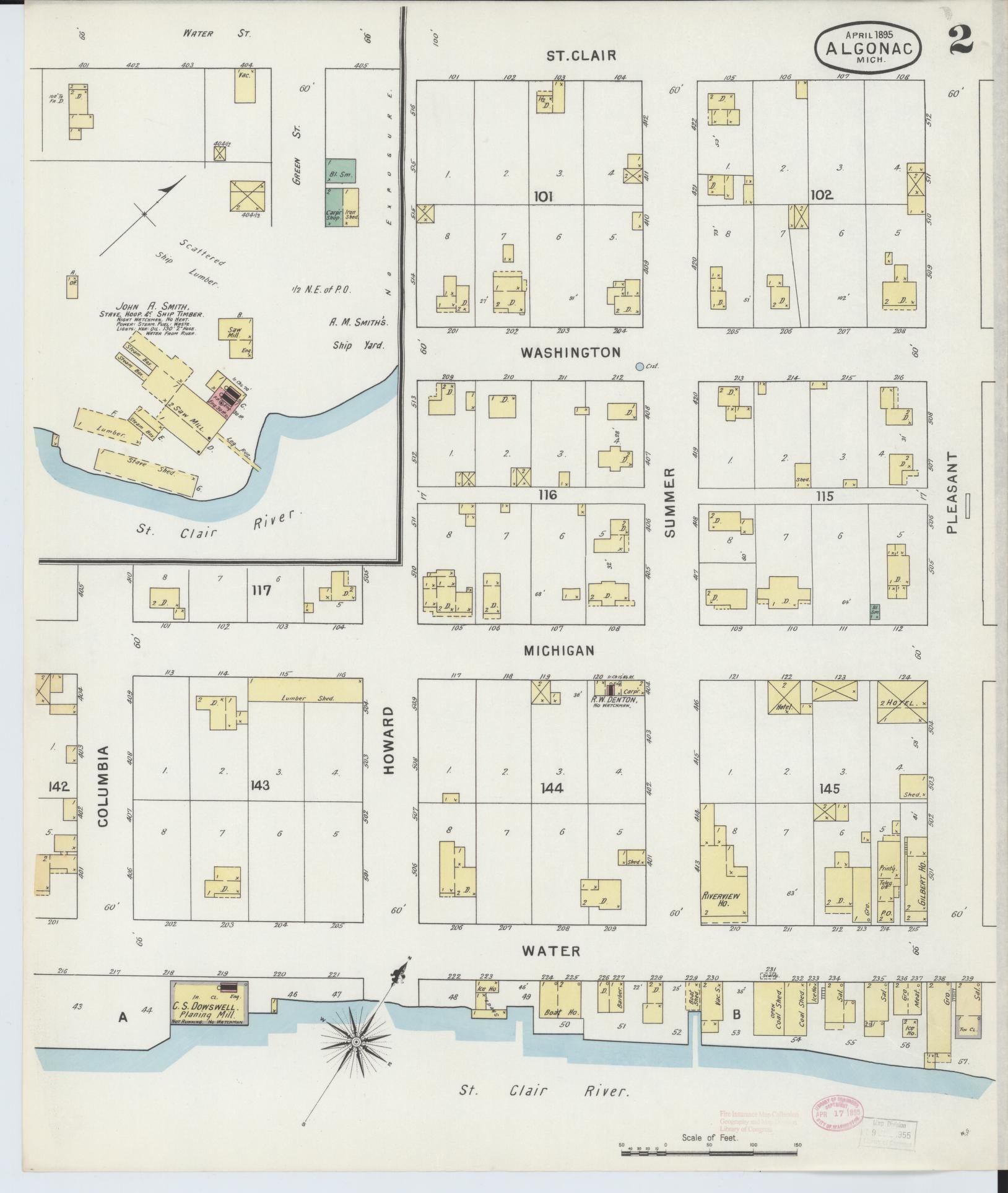 Sanborn Fire Insurance Map from Algonac, Saint Clair County, Michigan (1895), Sheet #0002 - Historic Sanborn Fire Insurance Map Print, vintage old map wall art, antique decor, genealogy gift, Michigan Michigan map