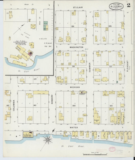 Sanborn Fire Insurance Map from Algonac, Saint Clair County, Michigan (1895), Sheet #0002 - Historic Sanborn Fire Insurance Map Print, vintage old map wall art, antique decor, genealogy gift, Michigan Michigan map