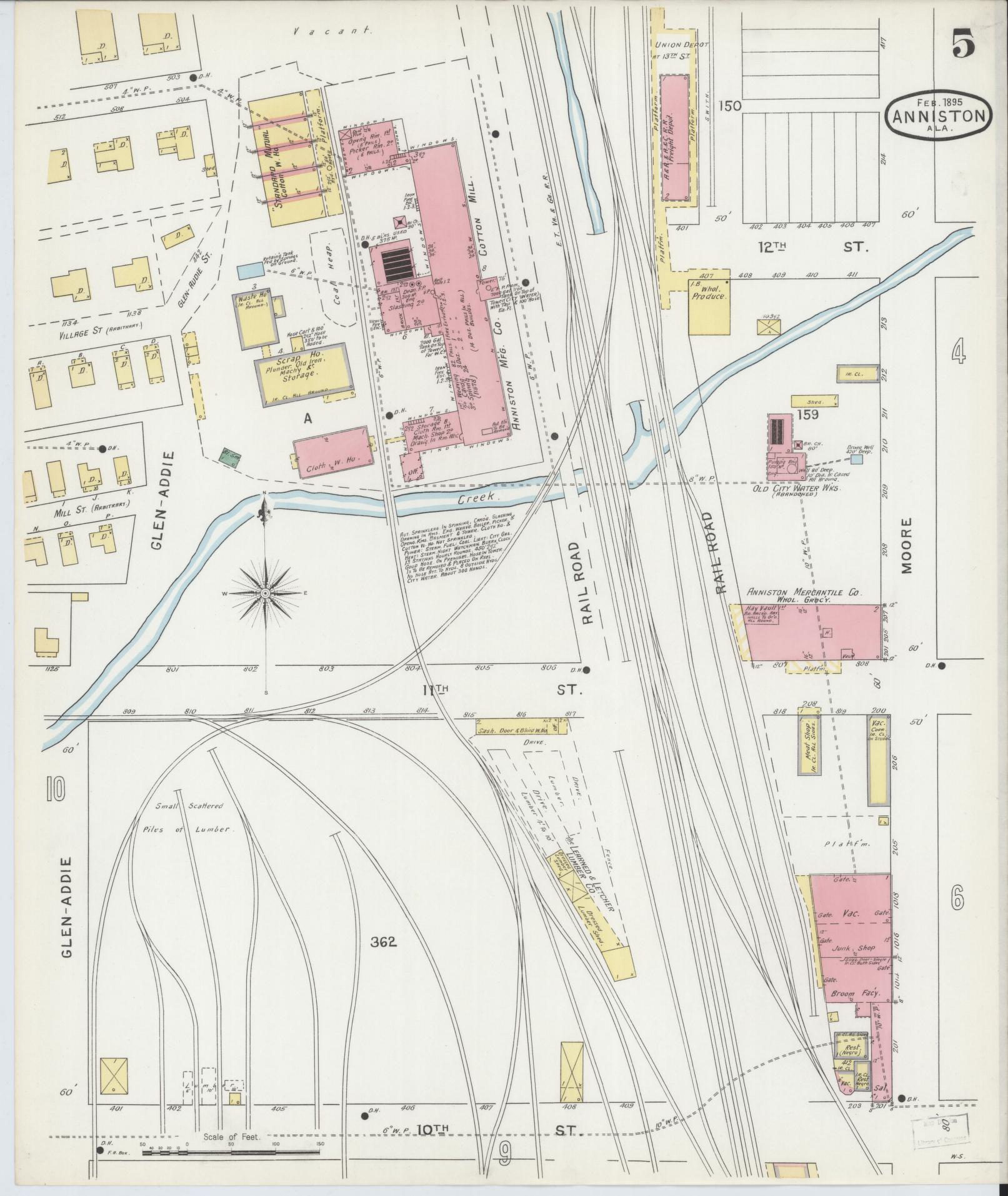 Sanborn Fire Insurance Map from Anniston, Calhoun County, Alabama (1895), Sheet #0005 - Historic Sanborn Fire Insurance Map Print, vintage old map wall art, antique decor, genealogy gift, Alabama Alabama map