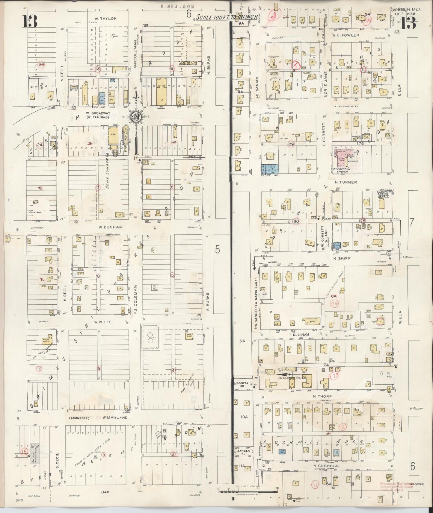 Sanborn Fire Insurance Map from Hobbs, Lea County, New Mexico (1950), Sheet #0013 - Complete Map Set gallery image, historic Sanborn map, vintage wall art, New Mexico New Mexico