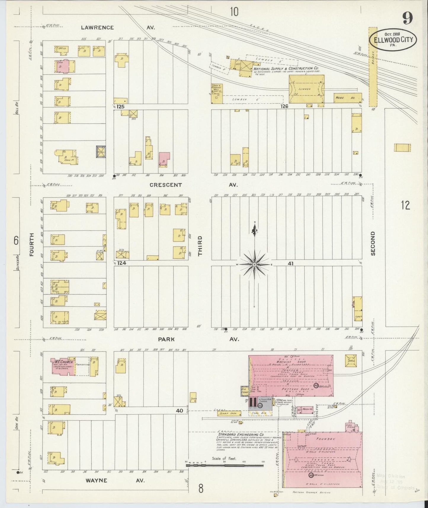 Sanborn Fire Insurance Map from Ellwood City, Lawrence County, Pennsylvania (1908), Sheet #0009 - Historic Sanborn Fire Insurance Map Print, vintage old map wall art, antique decor, genealogy gift, Pennsylvania Pennsylvania map