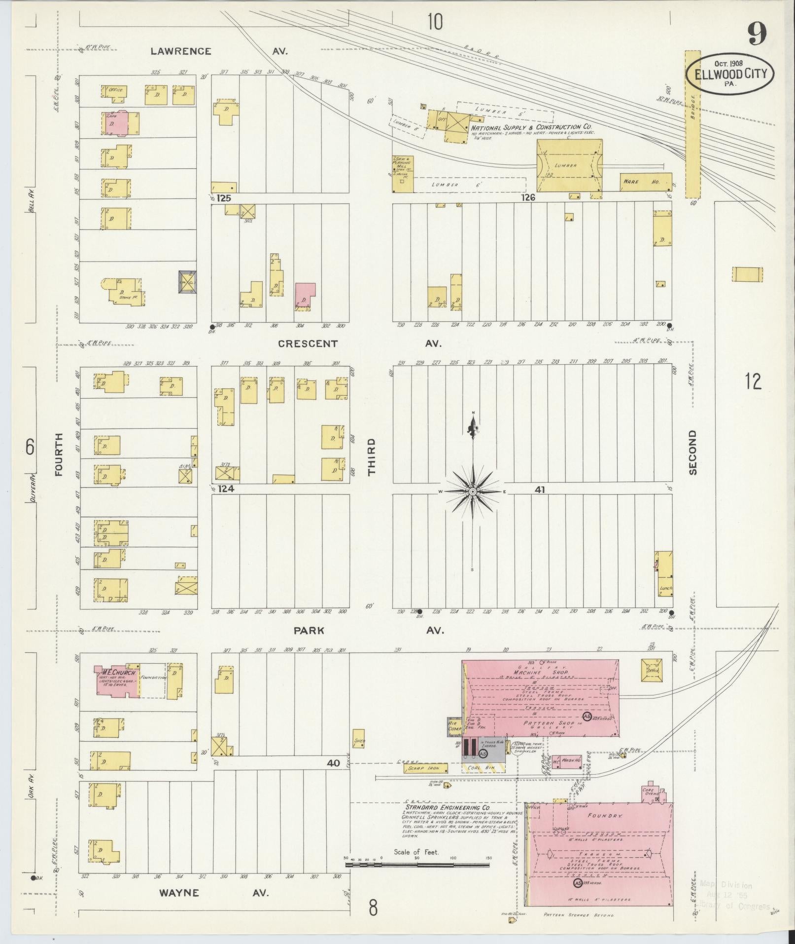 Sanborn Fire Insurance Map from Ellwood City, Lawrence County, Pennsylvania (1908), Sheet #0009 - Historic Sanborn Fire Insurance Map Print, vintage old map wall art, antique decor, genealogy gift, Pennsylvania Pennsylvania map