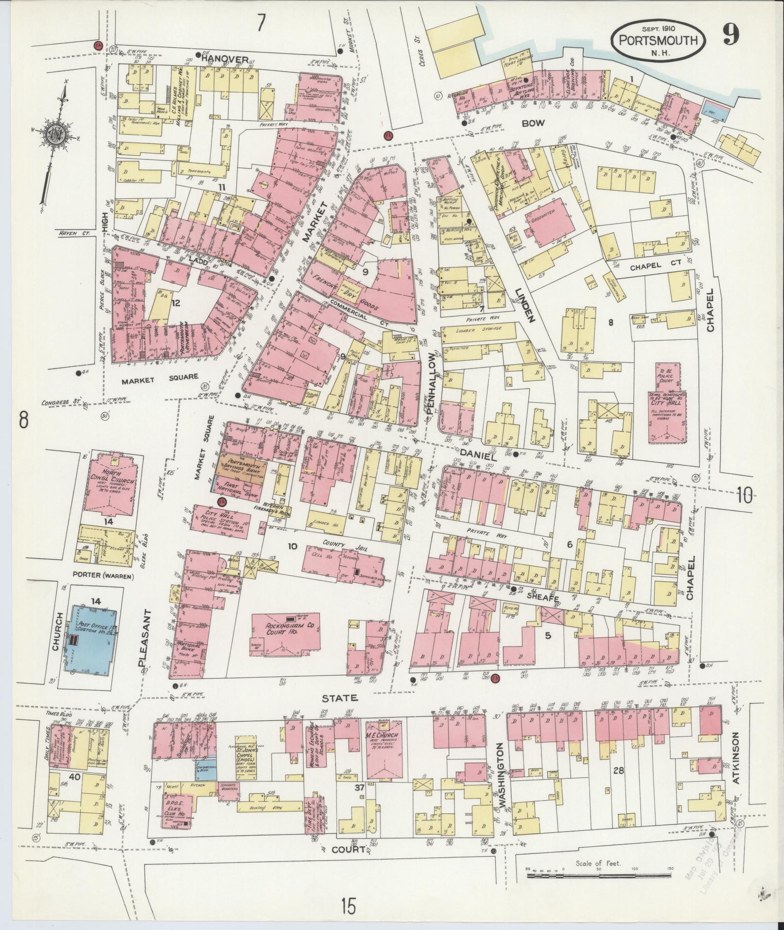 Sanborn Fire Insurance Map from Portsmouth, Rockingham County, New Hampshire (1910), Sheet #0009 - Historic Sanborn Fire Insurance Map Print, vintage old map wall art, antique decor, genealogy gift, New Hampshire New Hampshire map