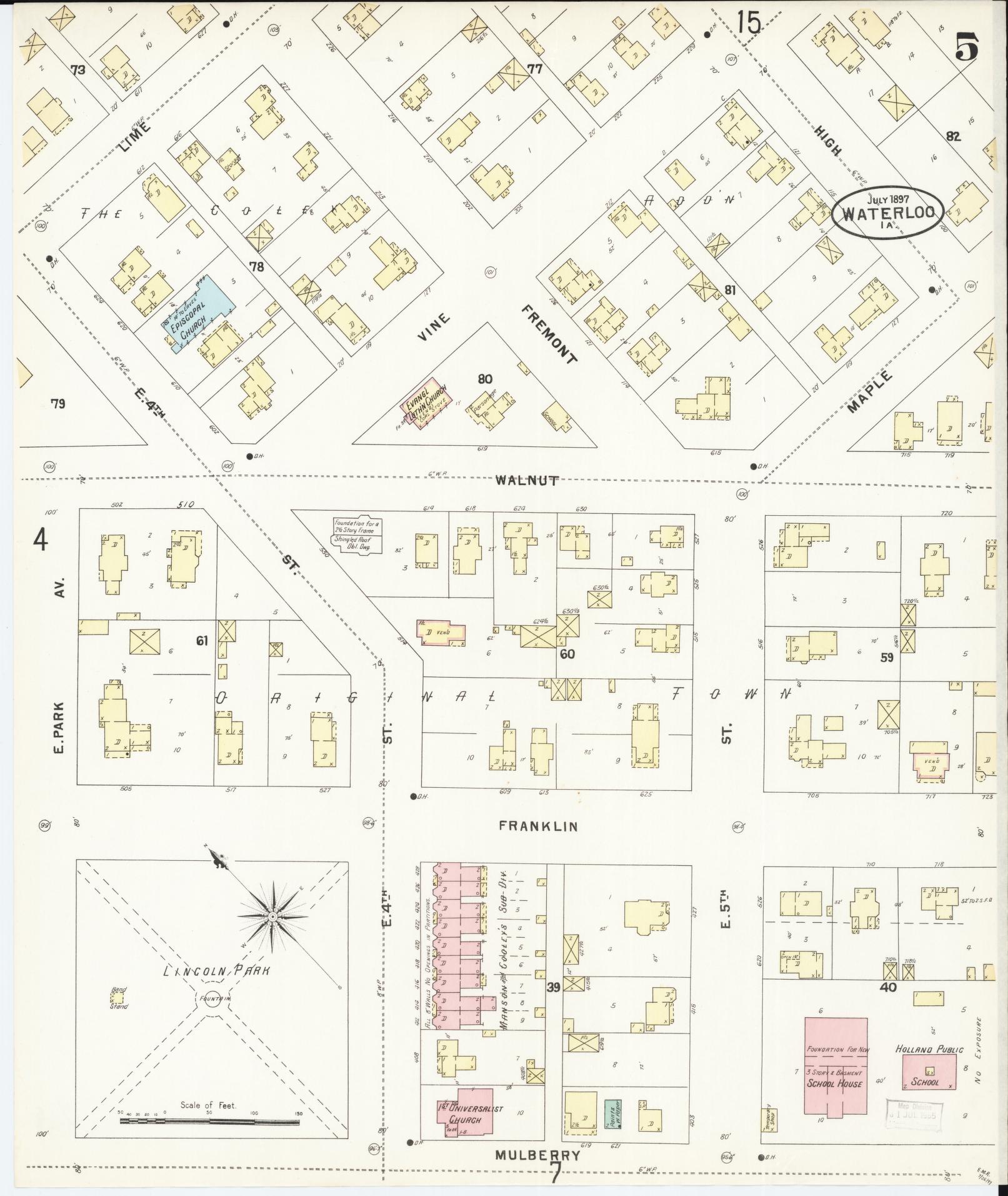 Sanborn Fire Insurance Map from Waterloo, Black Hawk County, Iowa (1897), Sheet #0005 - Historic Sanborn Fire Insurance Map Print, vintage old map wall art