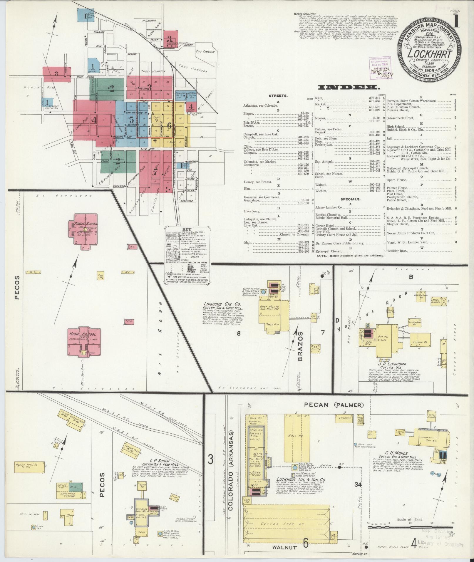 Sanborn Fire Insurance Map from Lockhart, Caldwell County, Texas (1909), Sheet #0001 - Historic Sanborn Fire Insurance Map Print, vintage old map wall art, antique decor, genealogy gift, Texas Texas map