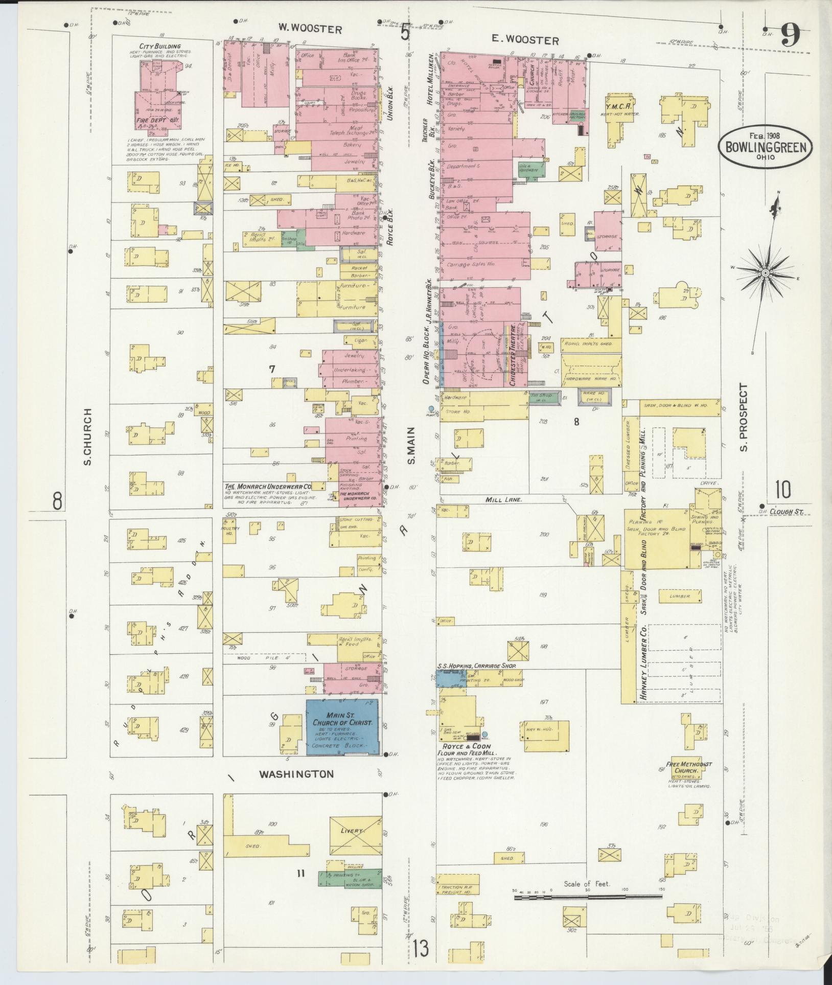 Sanborn Fire Insurance Map from Bowling Green, Wood County, Ohio (1908), Sheet #0009 - Historic Sanborn Fire Insurance Map Print, vintage old map wall art, antique decor, genealogy gift, Ohio Ohio map