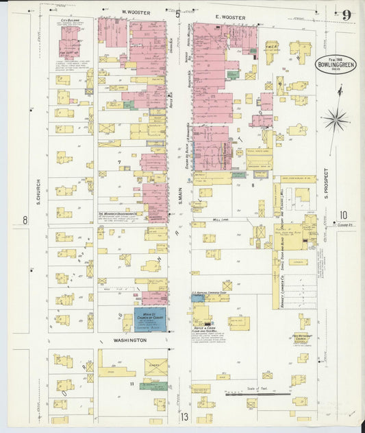 Sanborn Fire Insurance Map from Bowling Green, Wood County, Ohio (1908), Sheet #0009 - Historic Sanborn Fire Insurance Map Print, vintage old map wall art, antique decor, genealogy gift, Ohio Ohio map