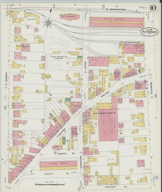 Sanborn Fire Insurance Map from Petersburg, Independent Cities, Virginia (1908), Sheet #0010 - Historic Sanborn Fire Insurance Map Print, vintage old map wall art, antique decor, genealogy gift, Virginia Virginia map