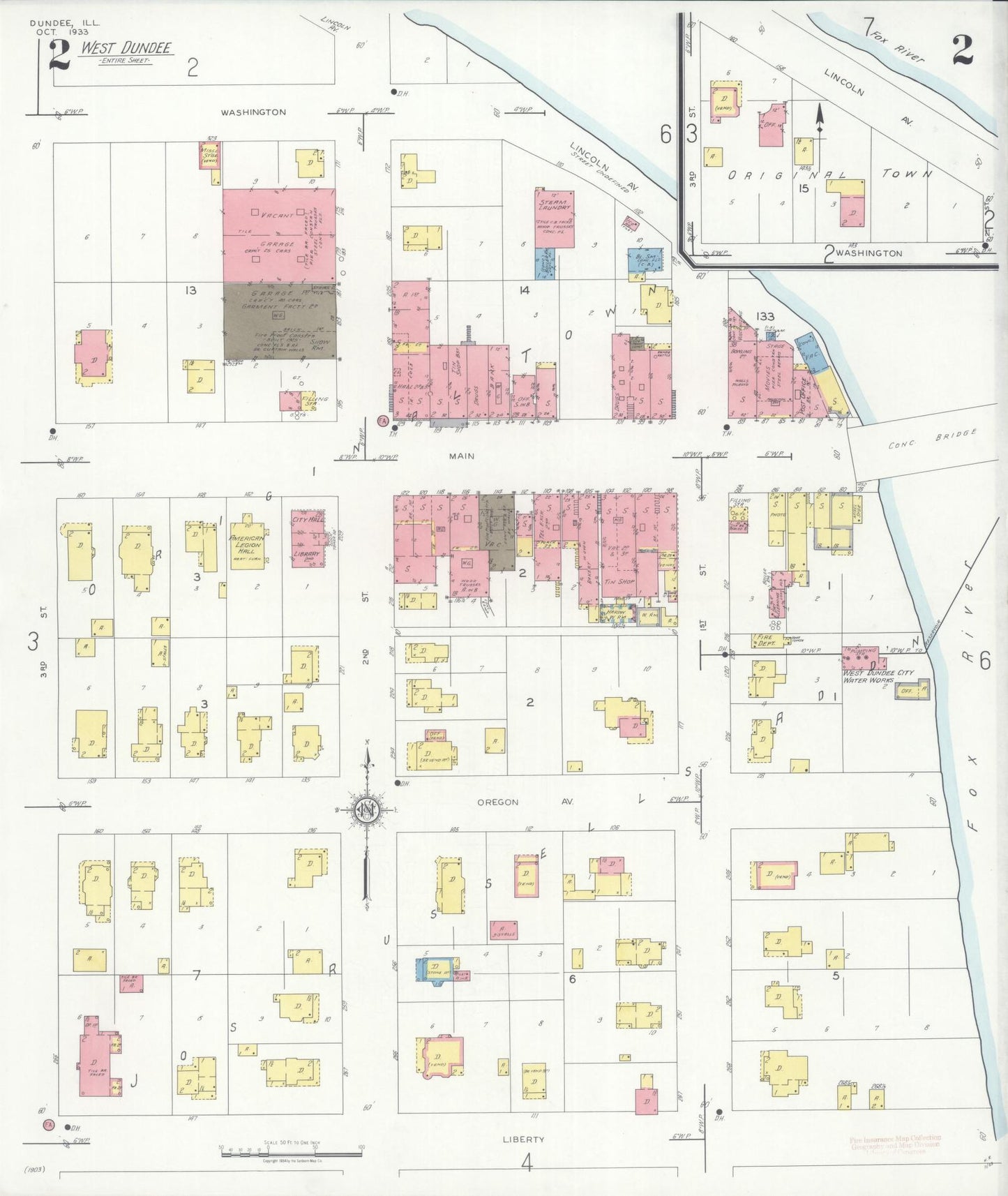 Sanborn Fire Insurance Map from Dundee, Kane County, Illinois (1933), Sheet #0002 - Historic Sanborn Fire Insurance Map Print, vintage old map wall art, antique decor, genealogy gift, Illinois Illinois map