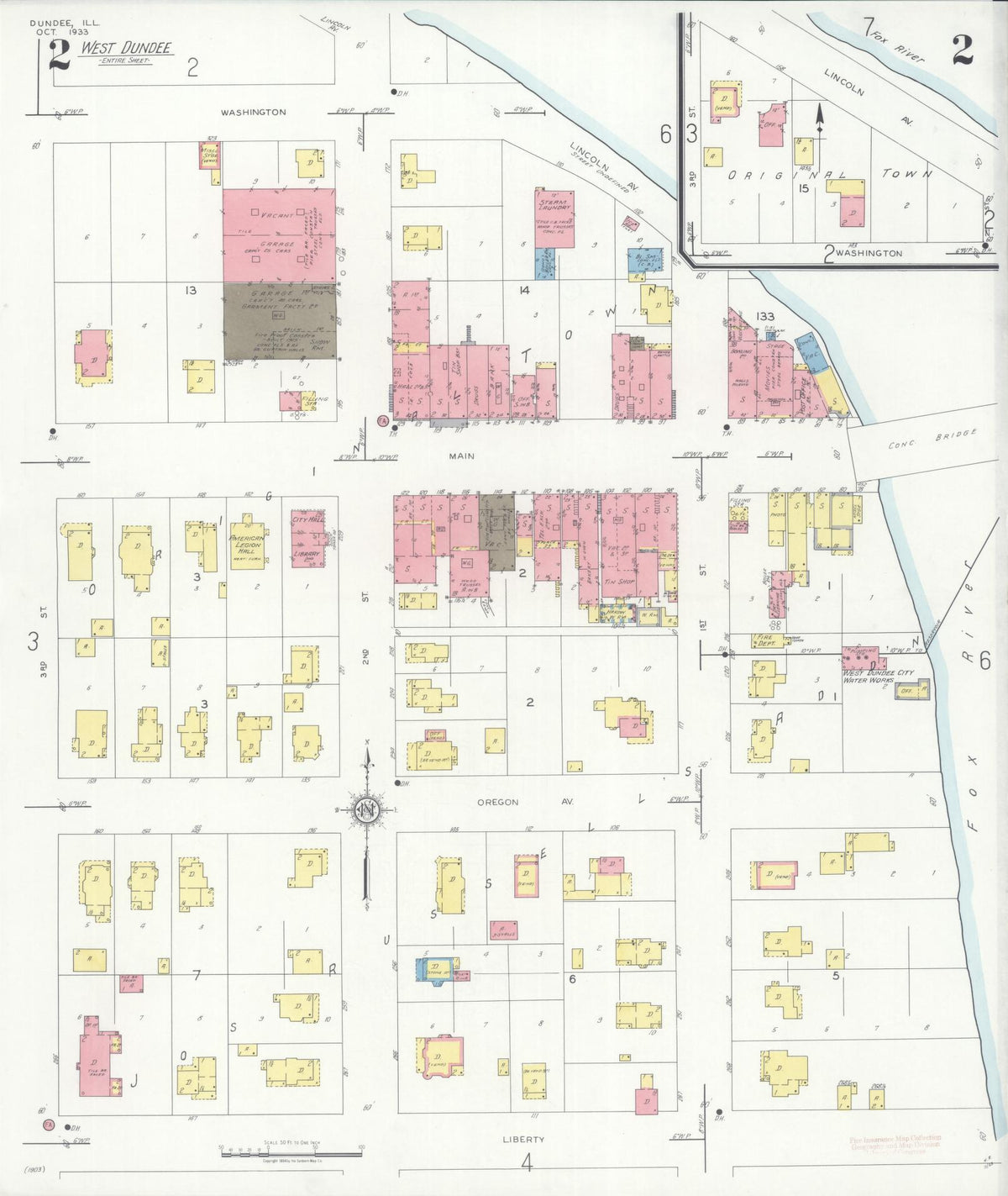 Sanborn Fire Insurance Map from Dundee, Kane County, Illinois (1933), Sheet #0002 - Historic Sanborn Fire Insurance Map Print, vintage old map wall art, antique decor, genealogy gift, Illinois Illinois map