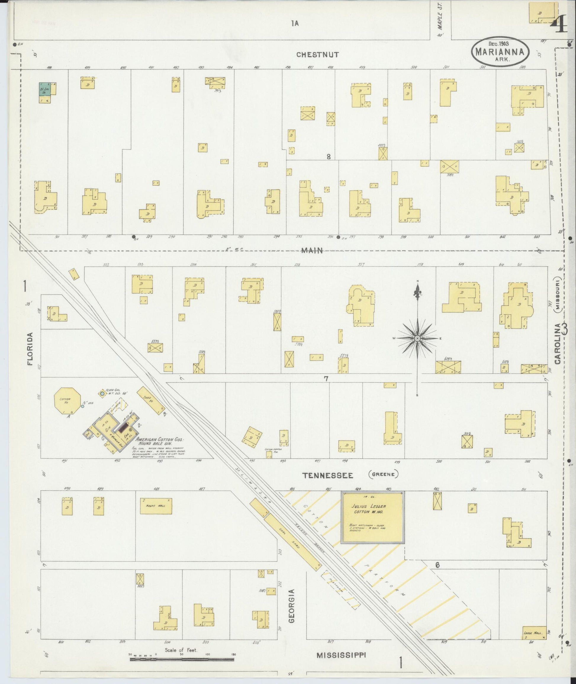 Sanborn Fire Insurance Map from Marianna, Lee County, Arkansas (1903), Sheet #0004 - Historic Sanborn Fire Insurance Map Print, vintage old map wall art, antique decor, genealogy gift, Arkansas Arkansas map