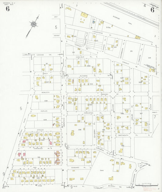 Sanborn Fire Insurance Map from Merrick, Nassau County, New York (1935), Sheet #0006 - Historic Sanborn Fire Insurance Map Print, vintage old map wall art, antique decor, genealogy gift, New York New York map